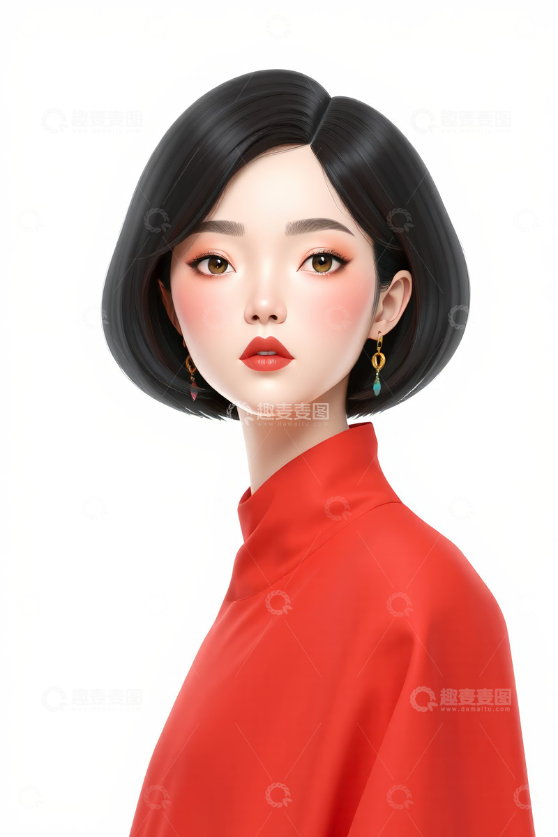 高清大图下载【趣麦麦图】红衣短发女性人物肖像