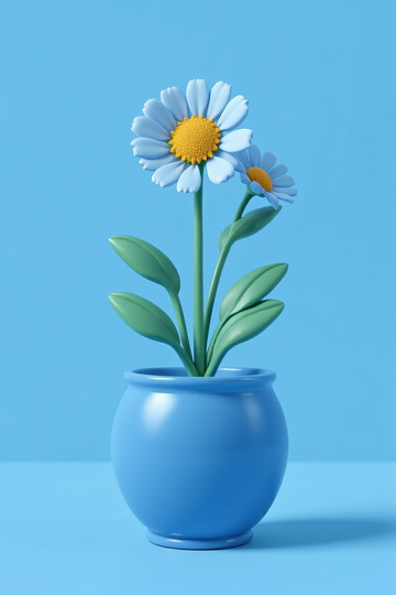 蓝色花盆中的雏菊花
