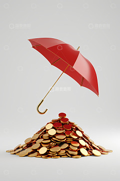红色雨伞下的金币堆