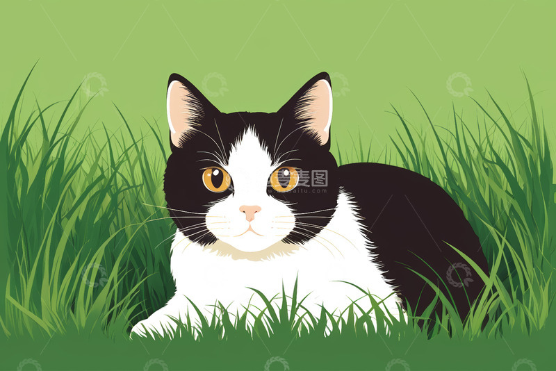 高清大图下载【趣麦麦图】草丛中的黑白猫咪