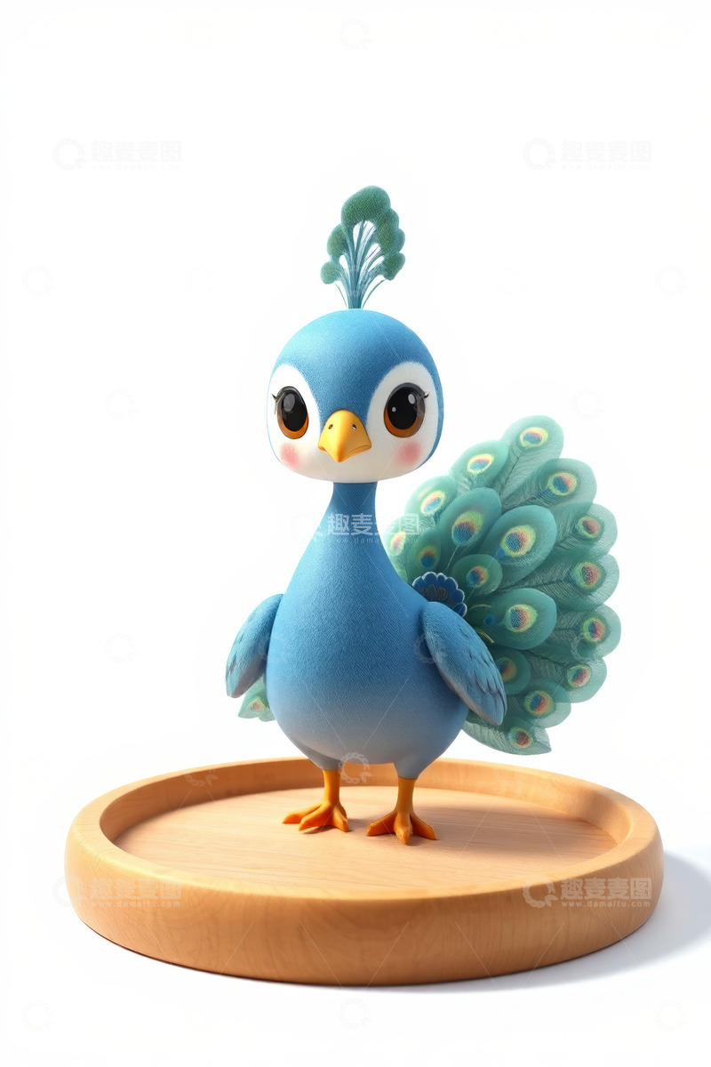 高清大图下载【趣麦麦图】卡通蓝色孔雀立在圆盘上