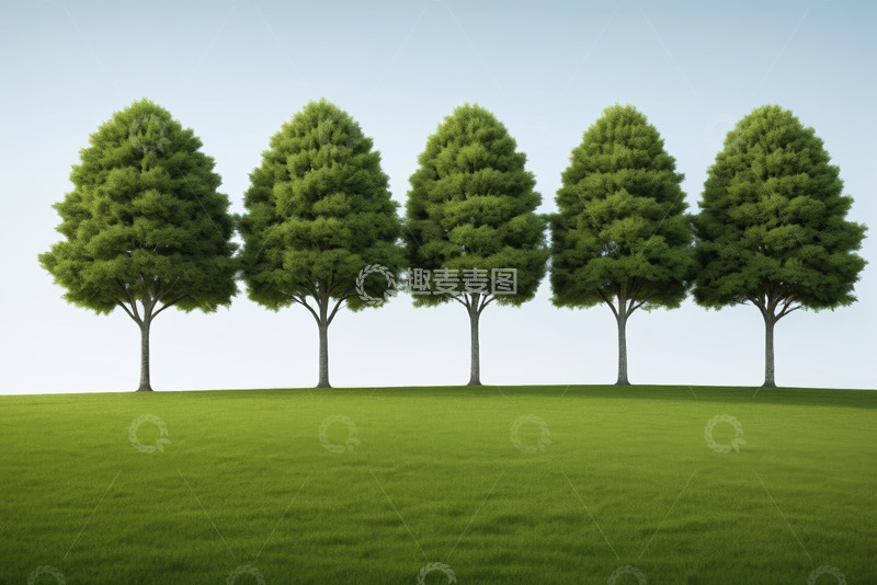 高清大图下载【趣麦麦图】绿草地旁整齐排列的绿树