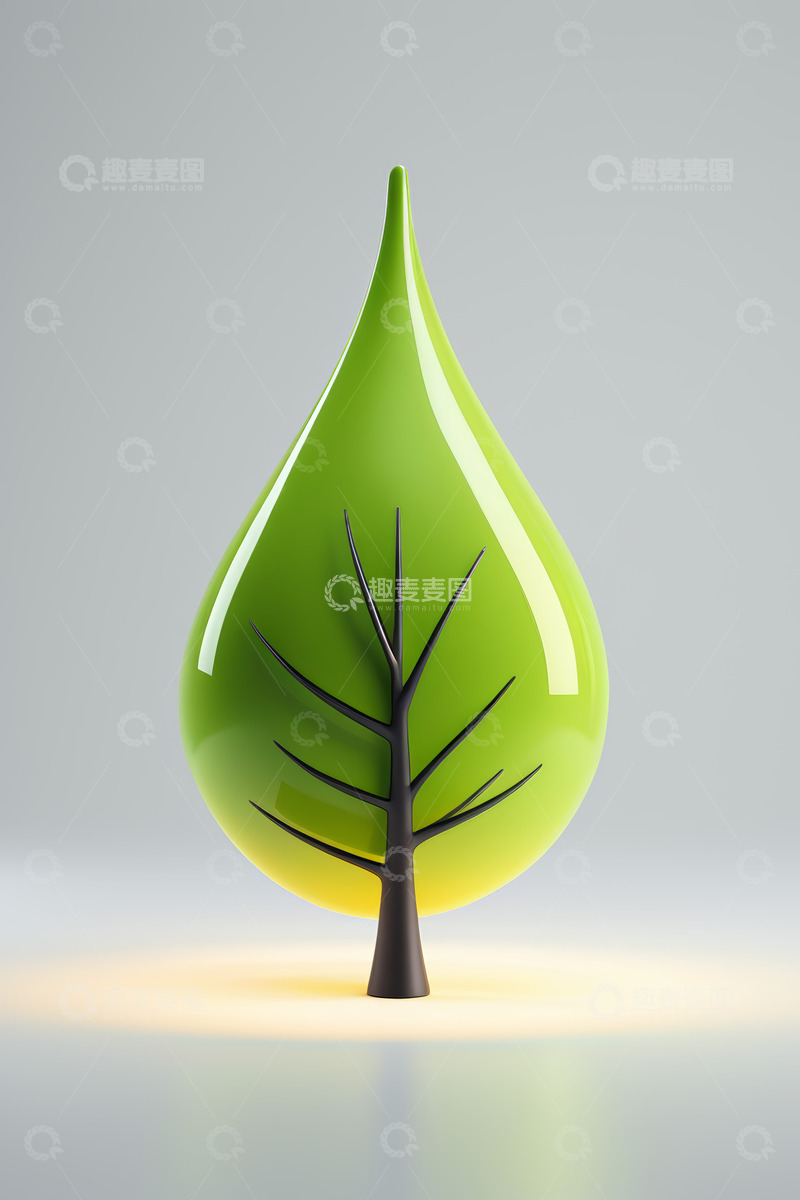 高清大图下载【趣麦麦图】绿色水滴形树叶3D模型
