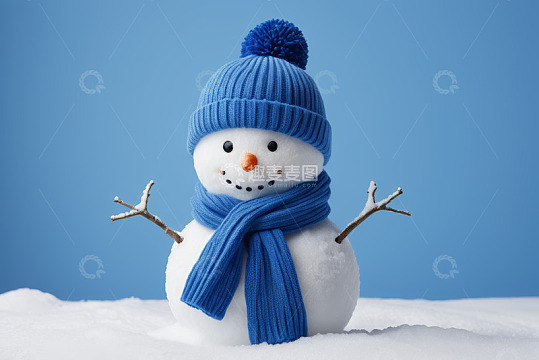戴蓝帽围巾的可爱雪人