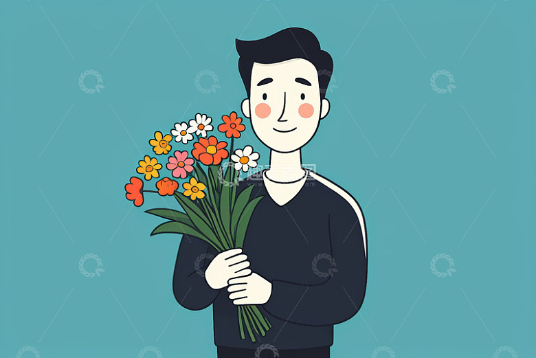 手持花束的男士插画