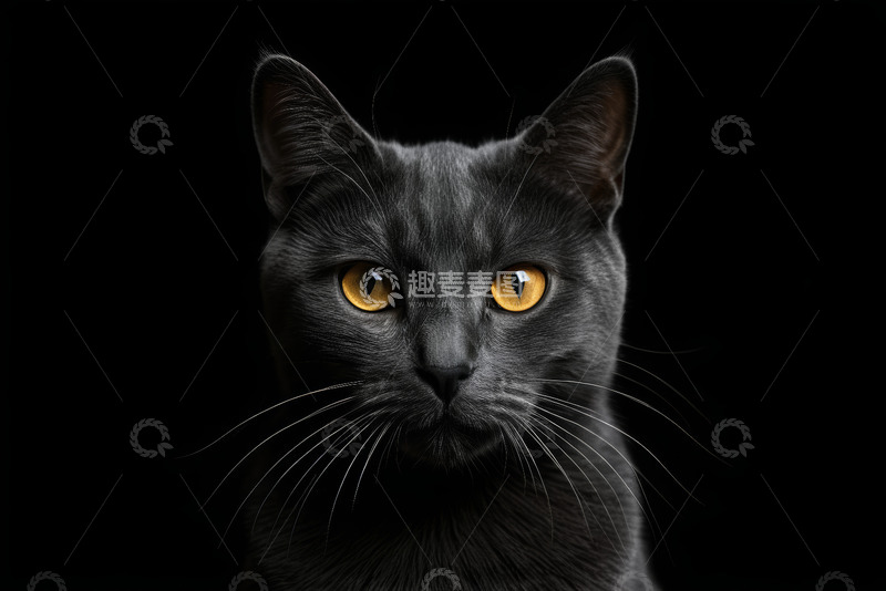 高清大图下载【趣麦麦图】黑猫特写黄眼凝视素材