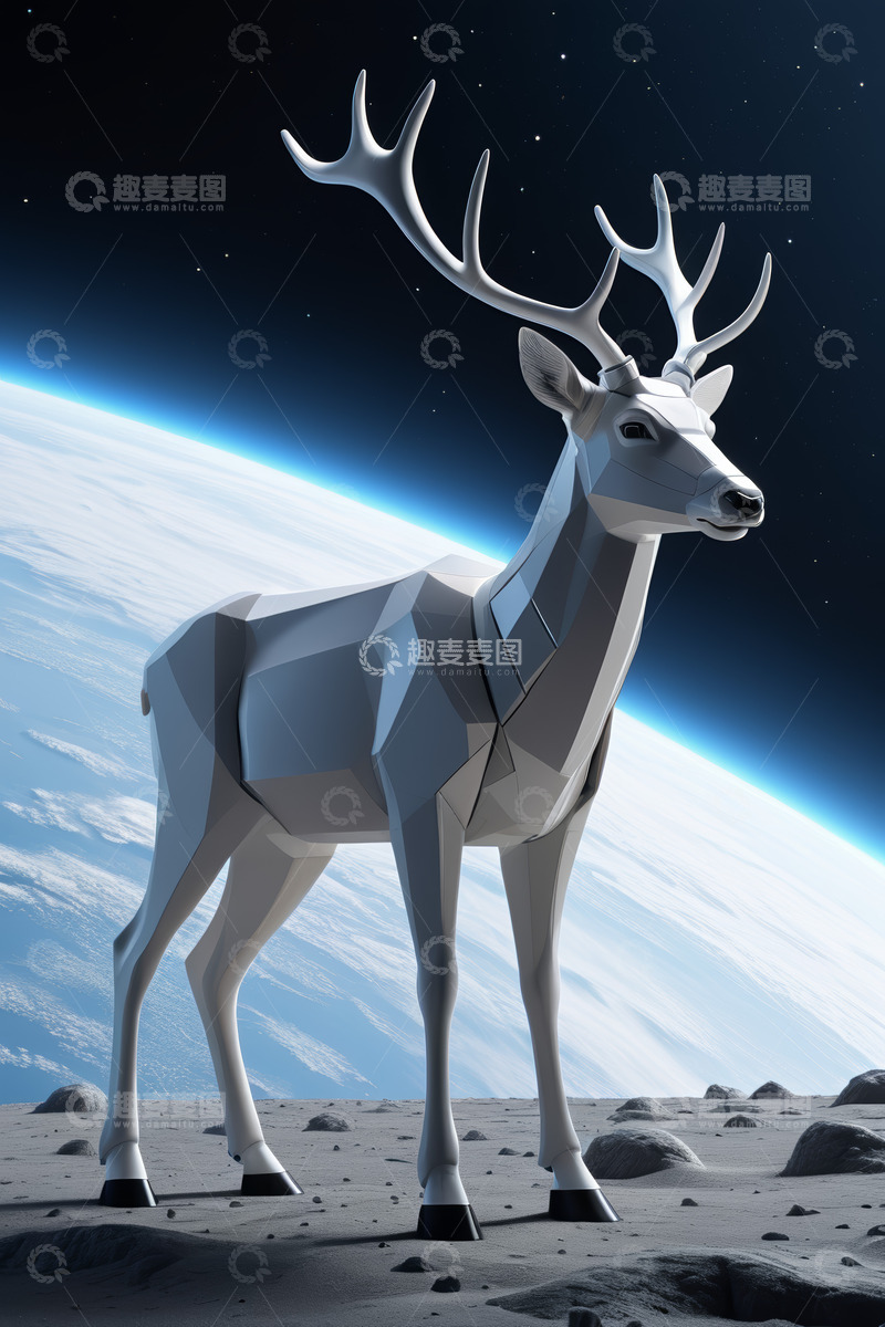 高清大图下载【趣麦麦图】太空中的多边形风格鹿素材