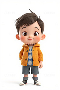 卡通小男孩穿着黄色外套站立