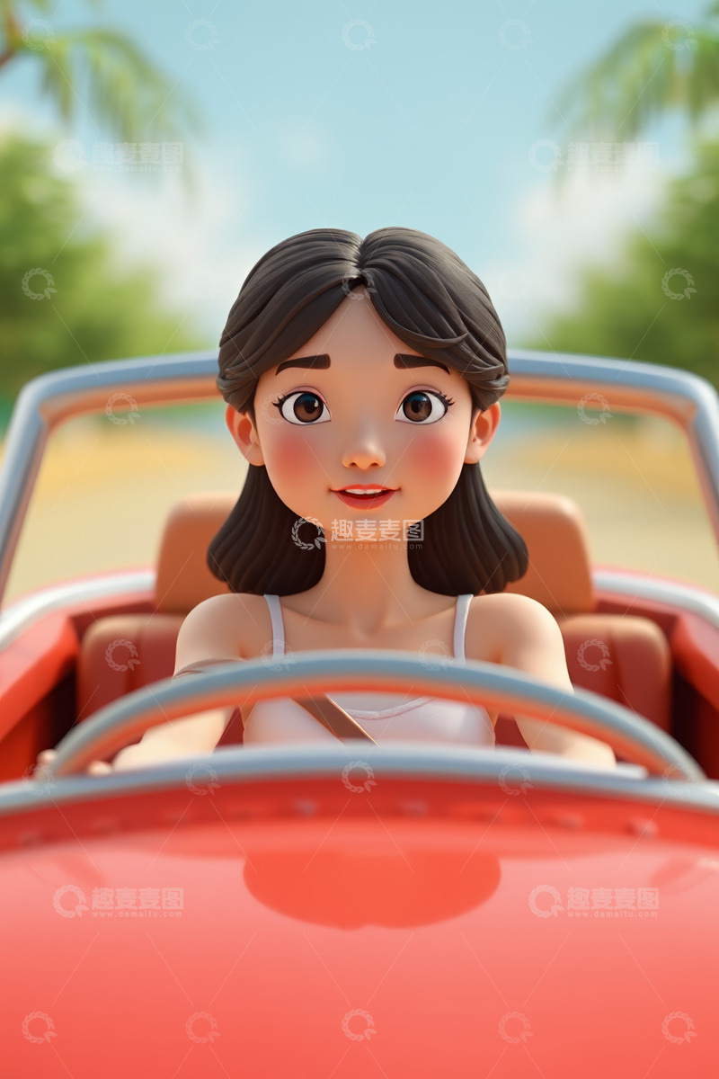 高清大图下载【趣麦麦图】卡通女孩驾驶红色敞篷车