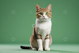 绿幕前坐着的三色花猫