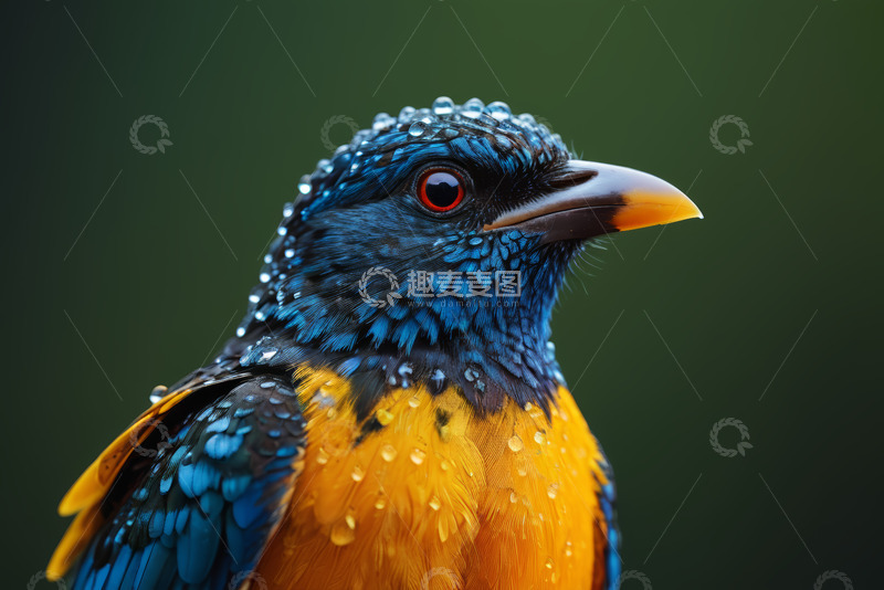 高清大图下载【趣麦麦图】羽毛带水珠的彩色鸟特写