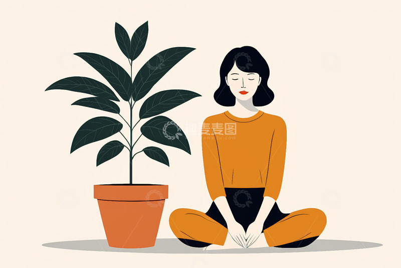 高清大图下载【趣麦麦图】静坐冥想的女性与绿植