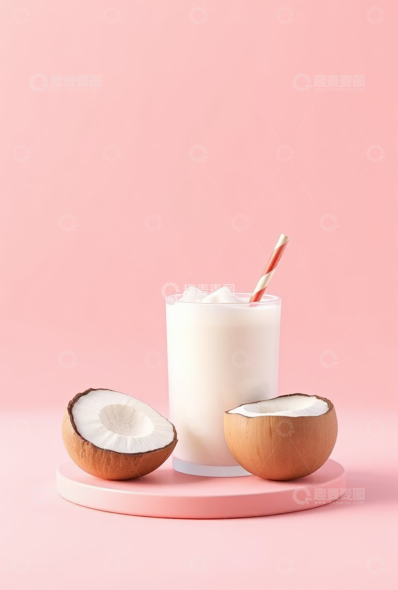 高清大图下载【趣麦麦图】粉色背景下的椰子与椰奶