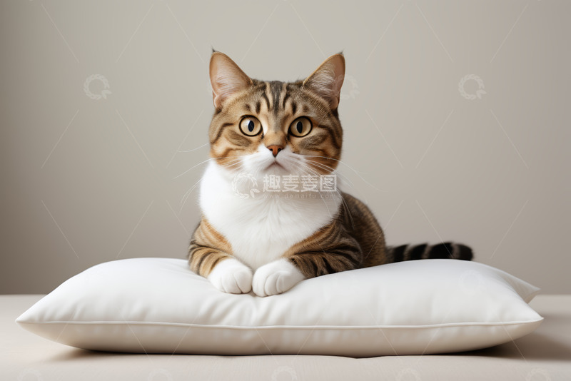 高清大图下载【趣麦麦图】趴在白色枕头上的虎斑猫咪