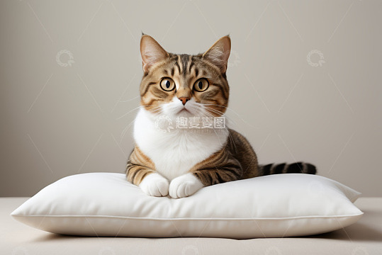 趴在白色枕头上的虎斑猫咪