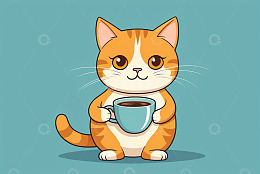 卡通猫手持咖啡杯形象