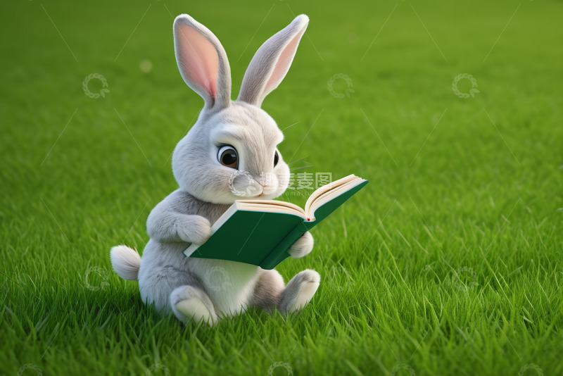 高清大图下载【趣麦麦图】草地上看书的可爱兔子
