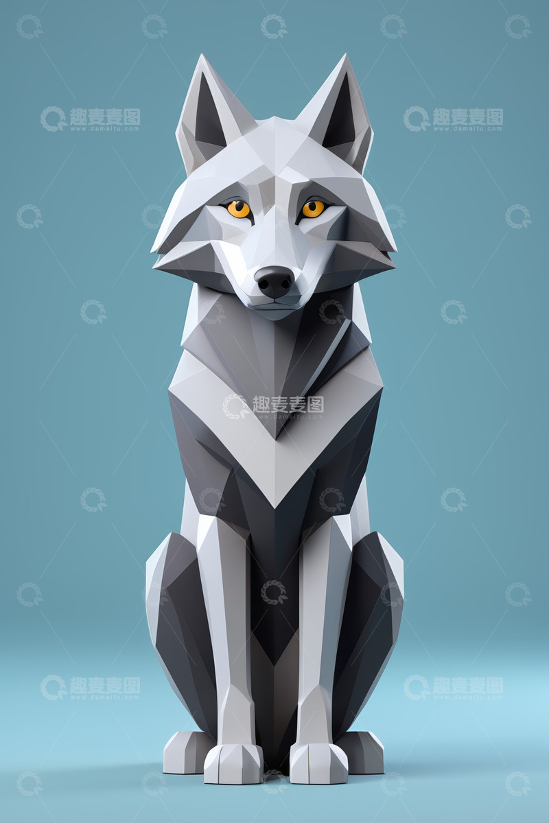 高清大图下载【趣麦麦图】低多边形风格坐立灰狼图像