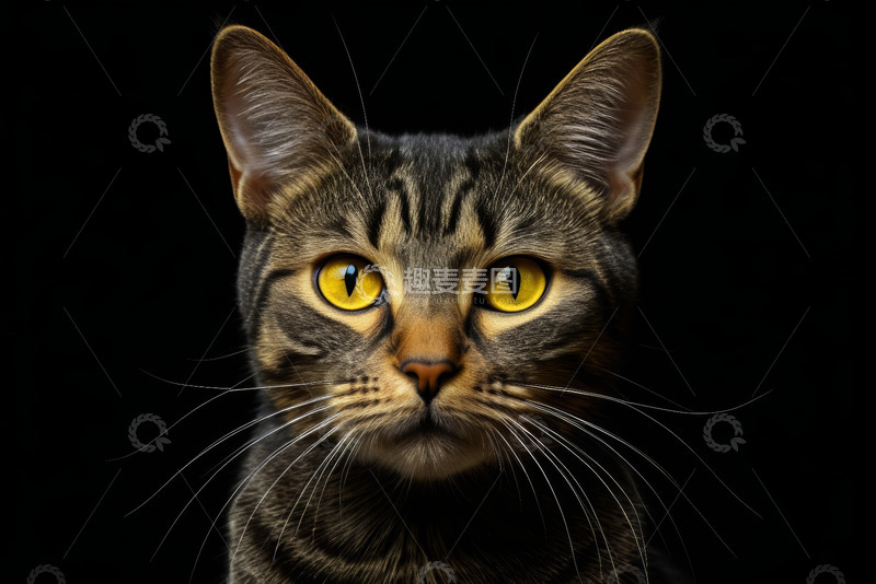 高清大图下载【趣麦麦图】黑背景下虎斑猫特写