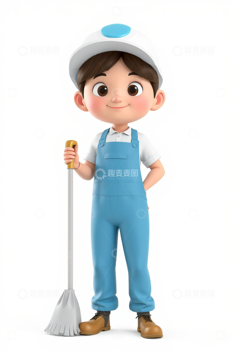 高清大图下载【趣麦麦图】卡通小男孩工人手持扫帚形象