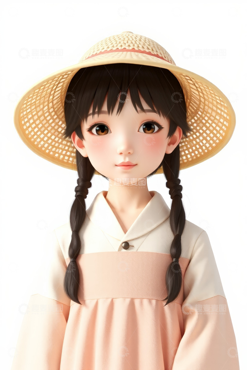 高清大图下载【趣麦麦图】戴草帽双马尾古装女孩