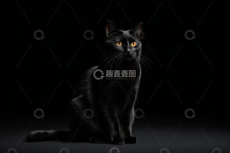 高清大图下载【趣麦麦图】黑猫正坐凝视画面素材