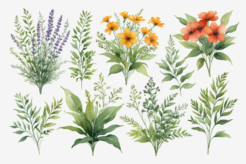 高清大图下载【趣麦麦图】水彩风格花卉绿植素材