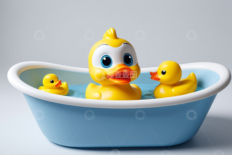 高清大图下载【趣麦麦图】蓝色浴缸中的黄色橡胶鸭子玩具