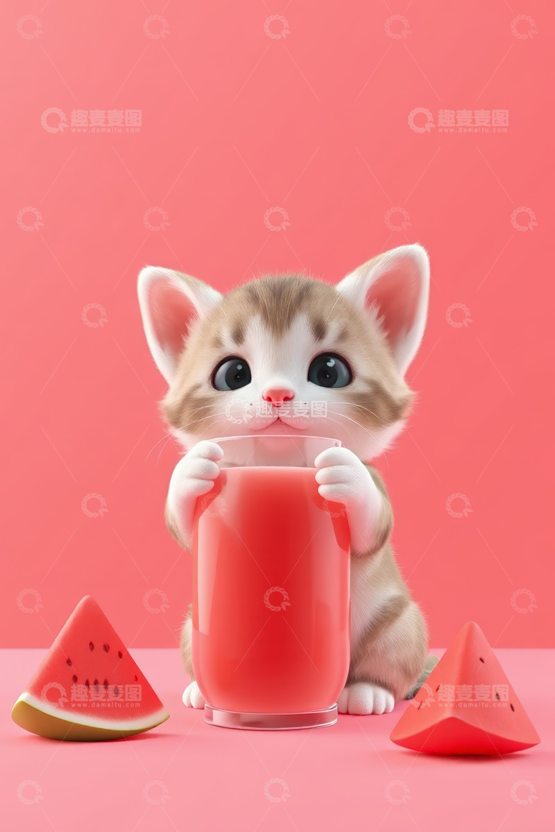 高清大图下载【趣麦麦图】小猫手持果汁与西瓜场景