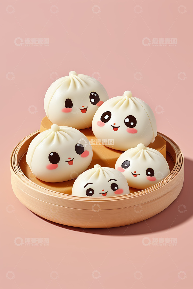 高清大图下载【趣麦麦图】卡通包子置于竹蒸笼中