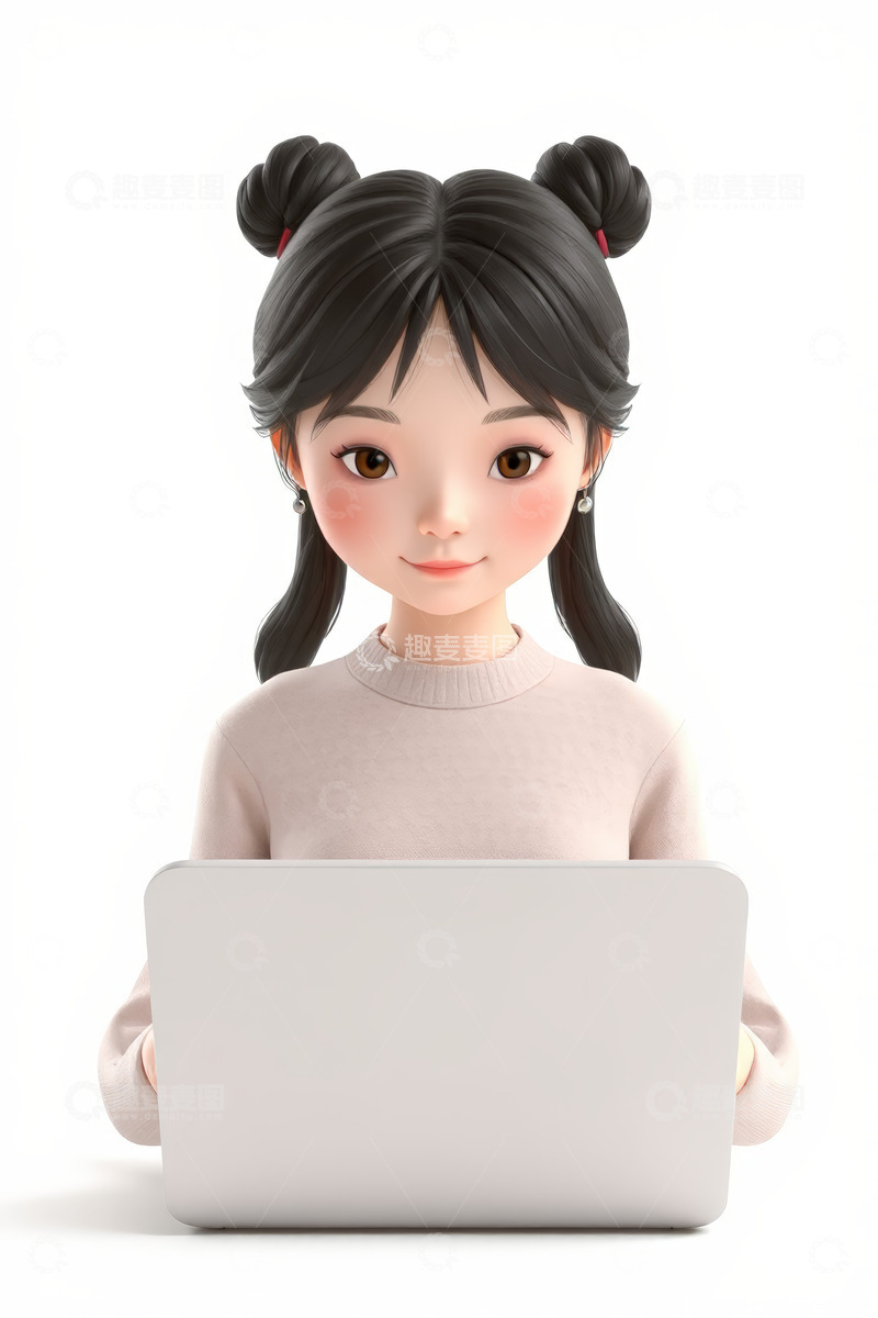 高清大图下载【趣麦麦图】卡通女孩使用笔记本电脑