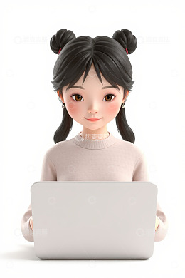 卡通女孩使用笔记本电脑