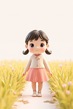 站在花丛中的卡通小女孩