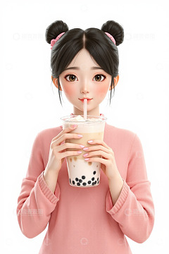 卡通女孩手持珍珠奶茶