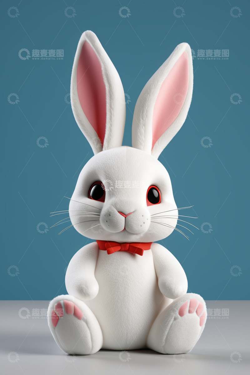 高清大图下载【趣麦麦图】白色兔子玩偶配红色领结