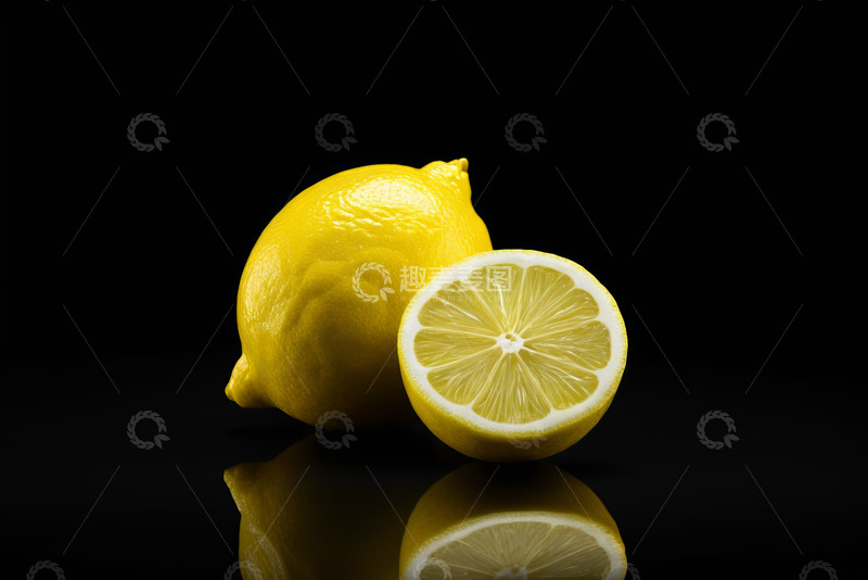 高清大图下载【趣麦麦图】黑底上的完整柠檬与半片柠檬