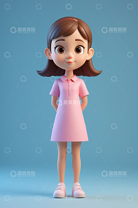 卡通女孩穿粉色连衣裙站立