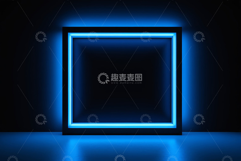 蓝色发光方形霓虹框背景