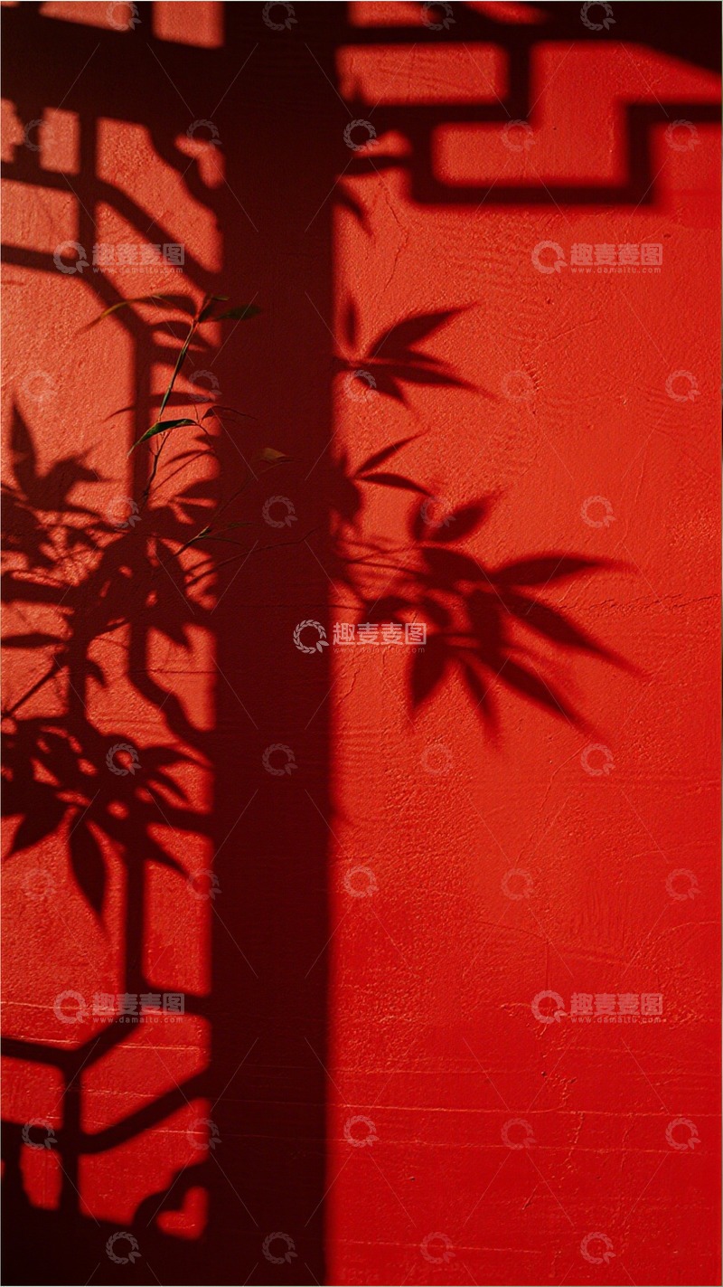 高清大图下载【趣麦麦图】红色墙壁竹影艺术照