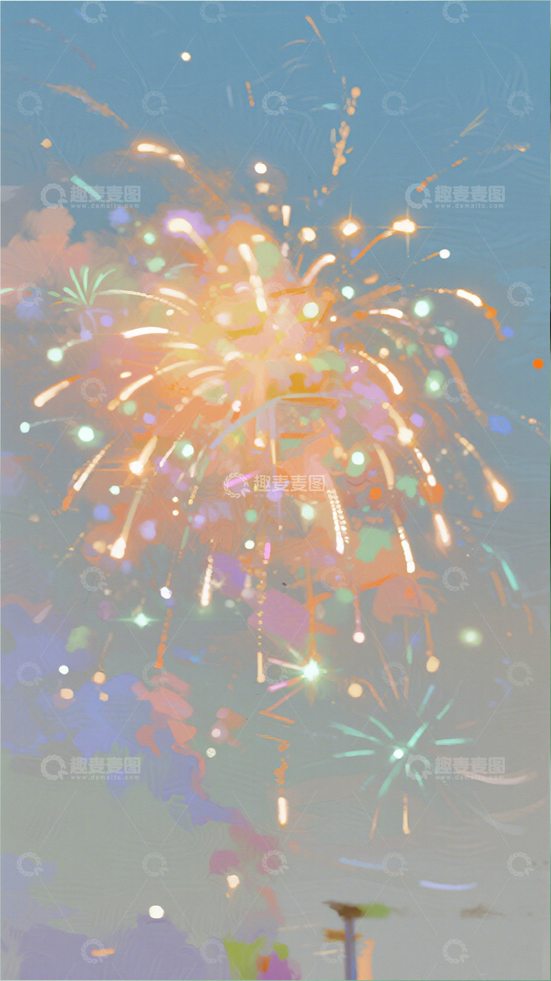 高清大图下载【趣麦麦图】梦幻烟花节庆插画