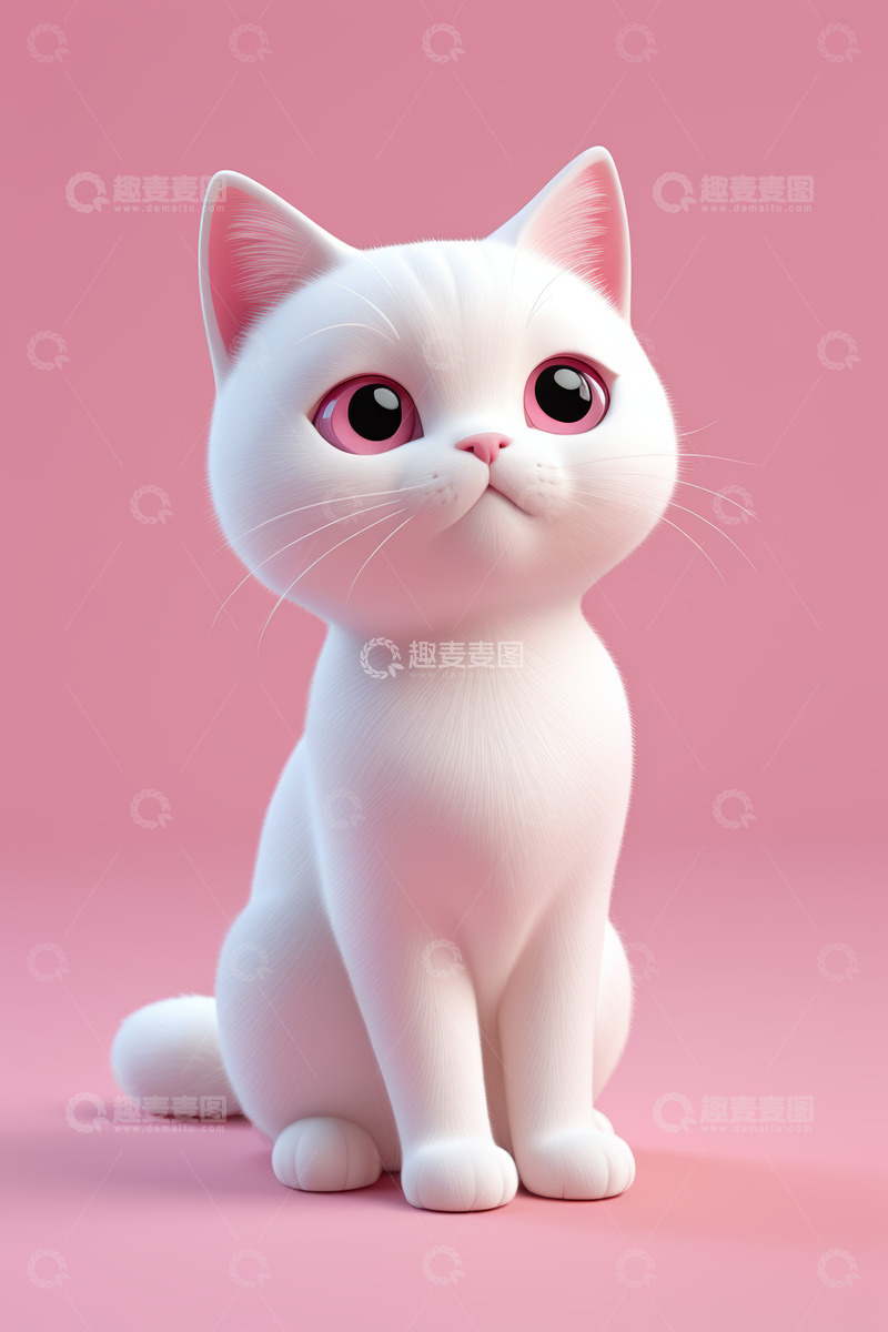 高清大图下载【趣麦麦图】可爱卡通白猫粉色背景形象
