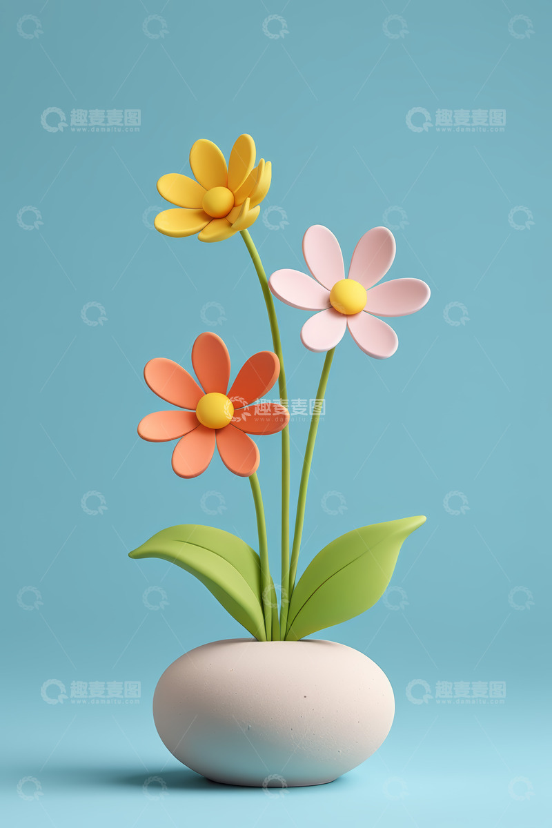高清大图下载【趣麦麦图】简约花瓶插三色花朵素材