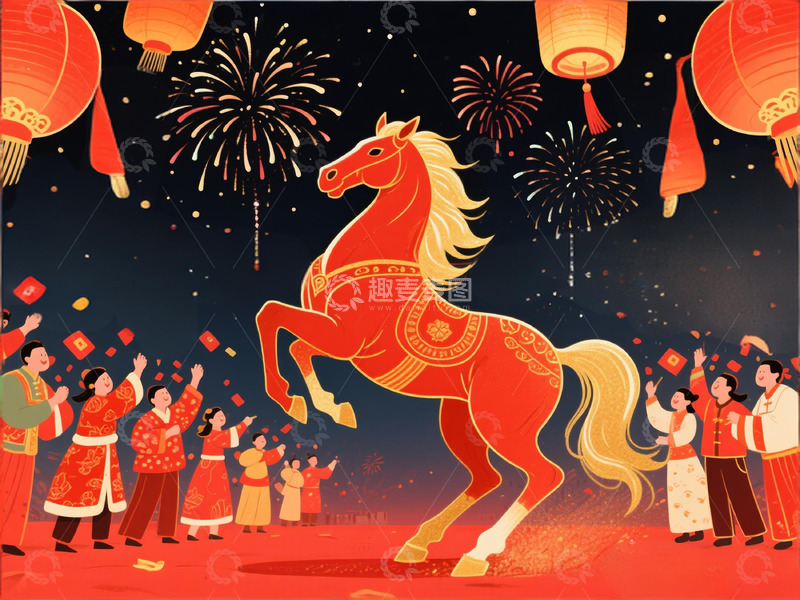 高清大图下载【趣麦麦图】喜庆中国风马年插画
