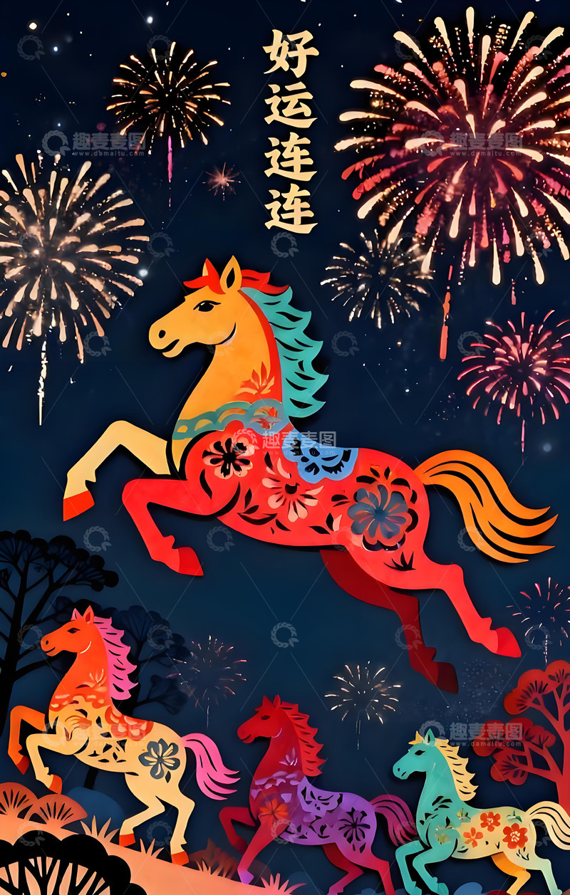 高清大图下载【趣麦麦图】彩马烟花庆祝好运来