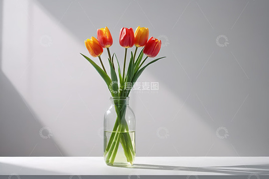 玻璃瓶中插着红黄郁金香