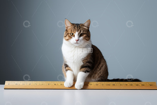 猫咪坐于尺子上的照片