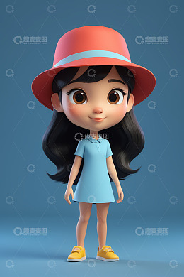 戴红帽穿蓝裙的卡通女孩