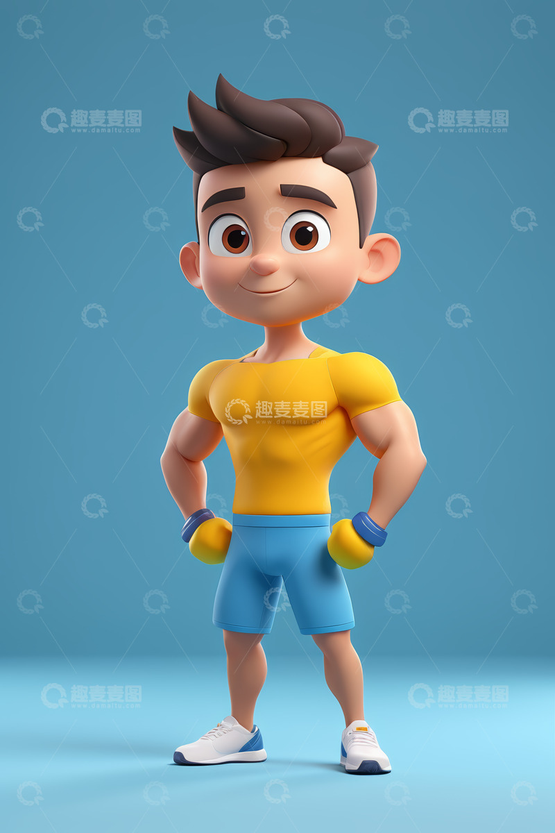高清大图下载【趣麦麦图】卡通男孩双手叉腰健身形象