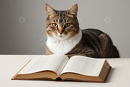 猫咪趴卧在翻开的书本旁