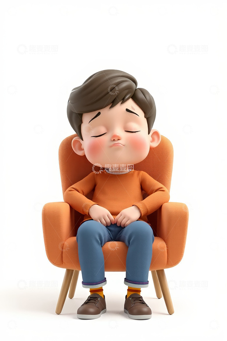 卡通小男孩坐在橙色椅子上